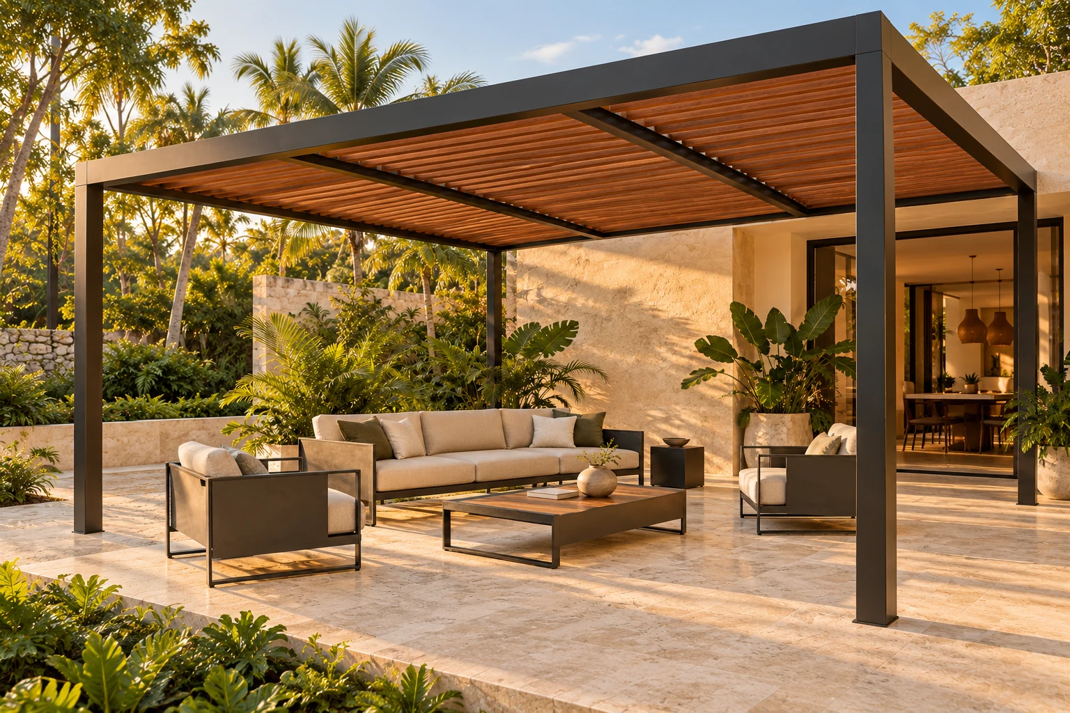 Terraza con pérgola de acero y sala exterior ALANKA